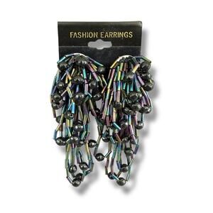 Vintage 90s Beaded Statement Clip-On Earrings Bold Rainbow Dangle